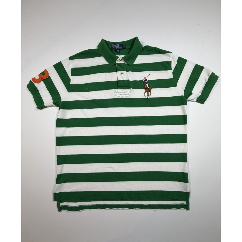 Polo Ralph Lauren Flesh Big Pony Polo Shirt Men's XL Green Striped Back #3 VTG